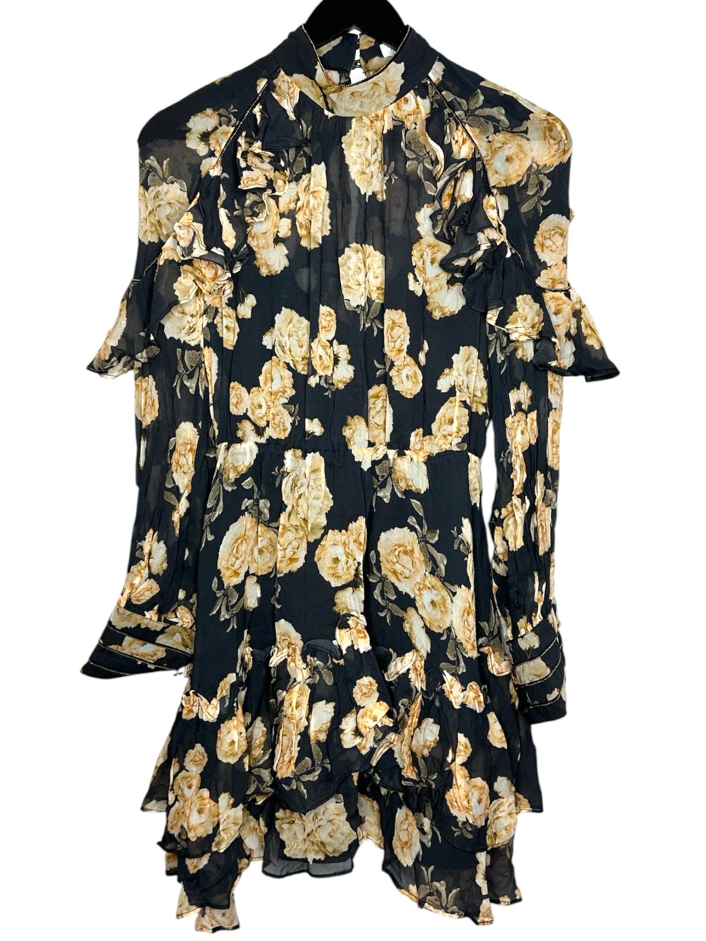 Talulah Black Floral Ruffle Dress Sheer Overlay High Neck Small Romantic Luxury